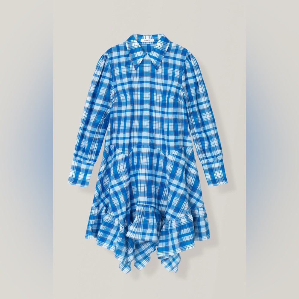 Ganni CHARRON ASYMMETRIC CHECKED SEERSUCKER SHIRT DRESS BLUE Half Zip Western